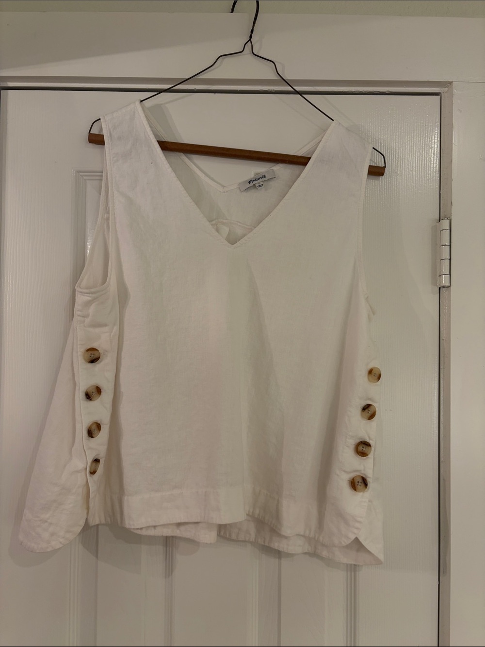 Madewell White V-Neck Tank with Side Button Detail